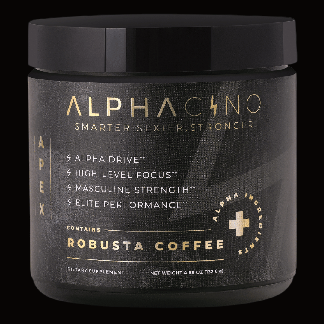 Front of the Alphacino jar on a black background, labelled Contains Robusta Coffee: a mushroom coffee made with real coffee