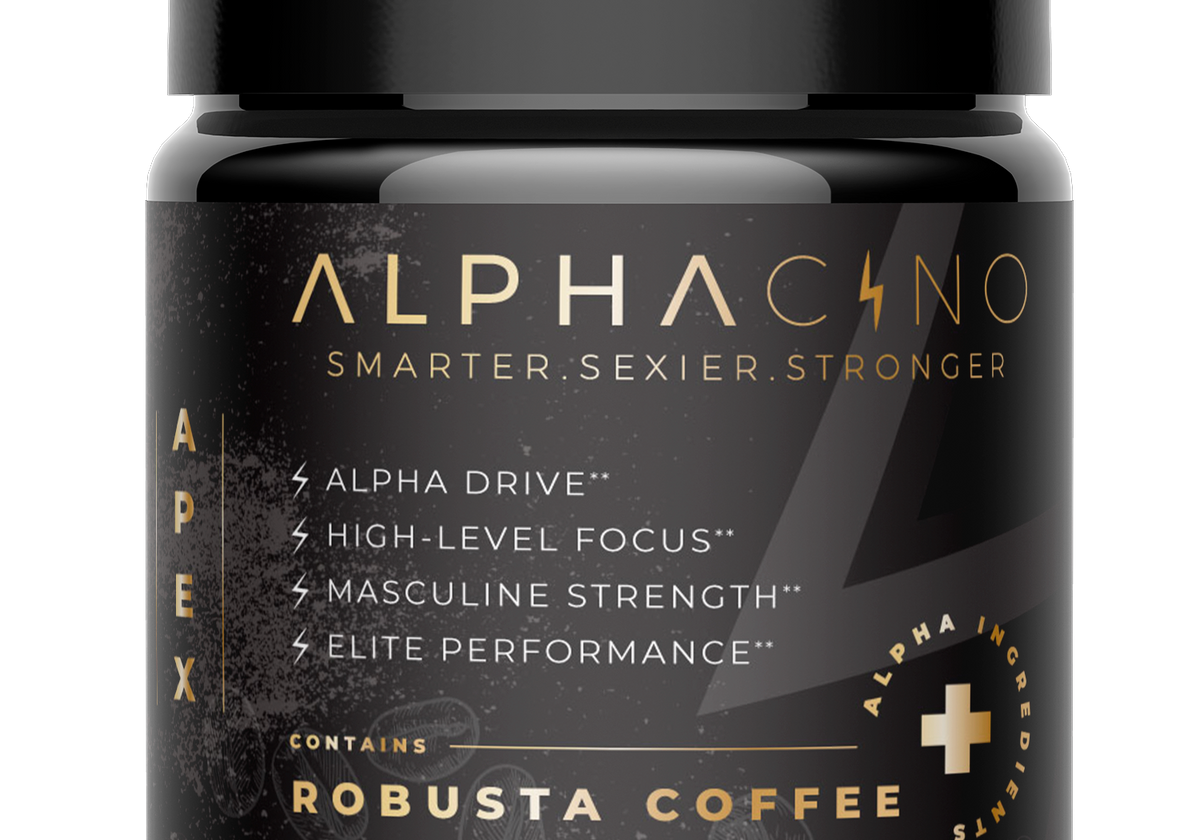 A jar of Alphacino robusta mushroom coffee on a black background