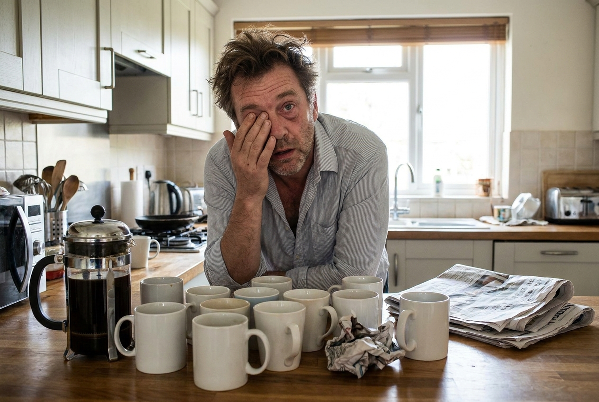 A tired man leaning on a kitchen counter rubbing his eye, surrounded by empty coffee mugs and a cafetiere