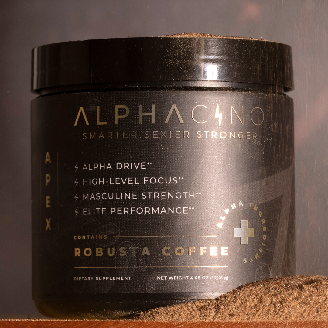 Close-up of the Alphacino jar front on ground coffee, a robusta coffee with 600 mg of KSM-66 ashwagandha per scoop