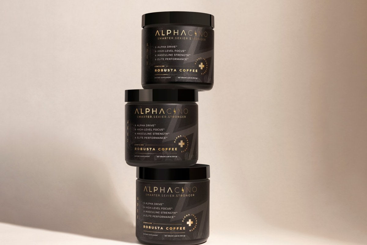 Three jars of Alphacino robusta mushroom coffee stacked on top of each other