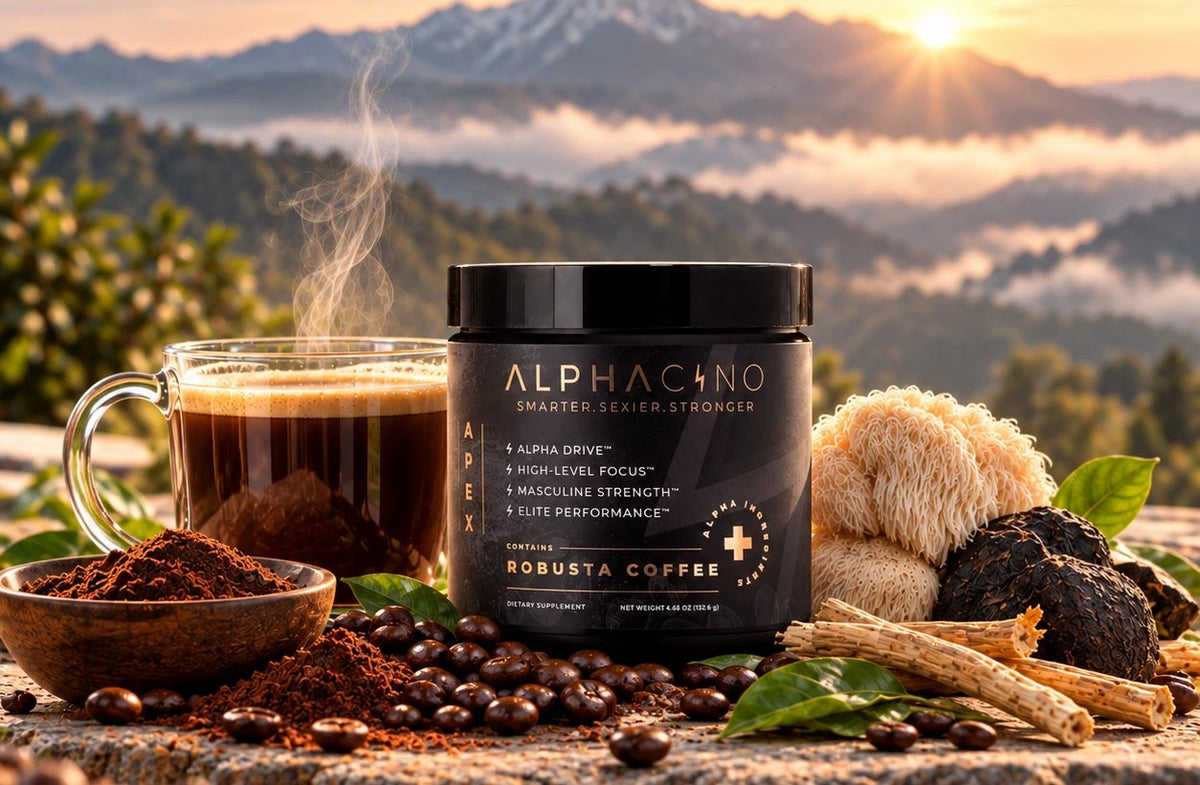 A jar of Alphacino robusta mushroom coffee beside a cup of black coffee, ground coffee, lion's mane mushroom, ashwagandha root and maca on a stone ledge