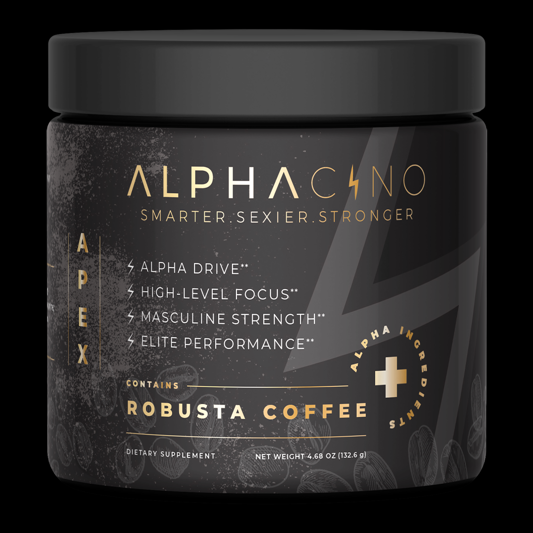 Front of the Alphacino mushroom coffee jar, a lion's mane coffee with 500 mg of fruiting-body extract per scoop