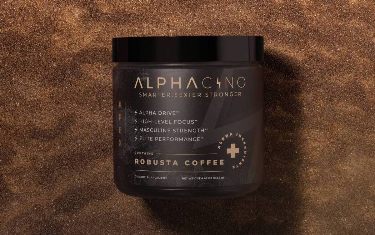 Alphacino robusta mushroom coffee jar standing on a bed of ground coffee