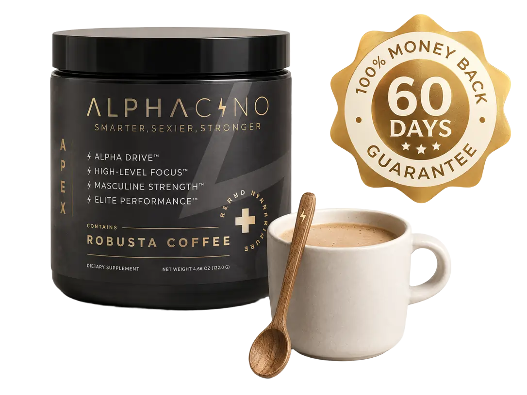 A jar of Alphacino robusta mushroom coffee beside a mug of coffee with a wooden spoon and the brand's 60-day money-back guarantee seal