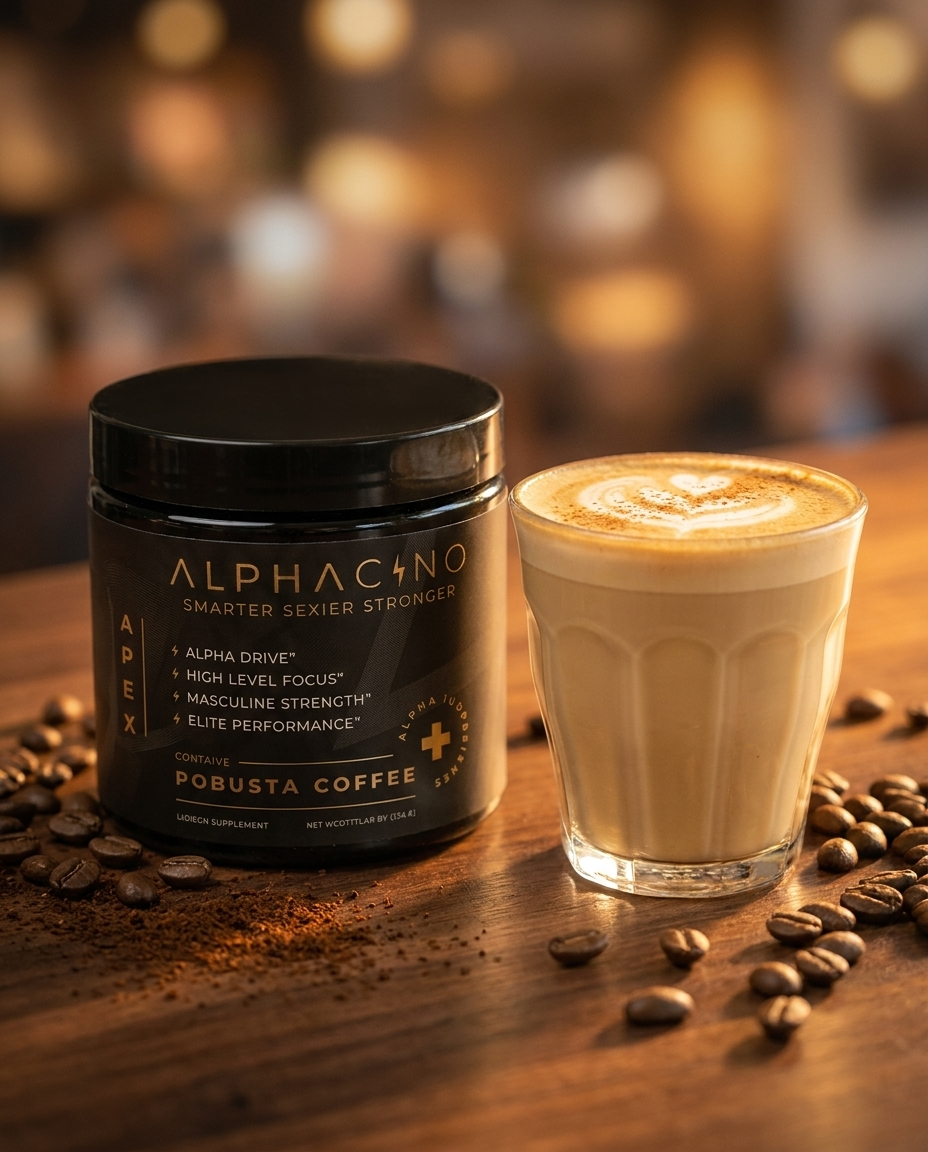 A tub of Alphacino robusta coffee beside a small latte on a wooden table scattered with coffee beans