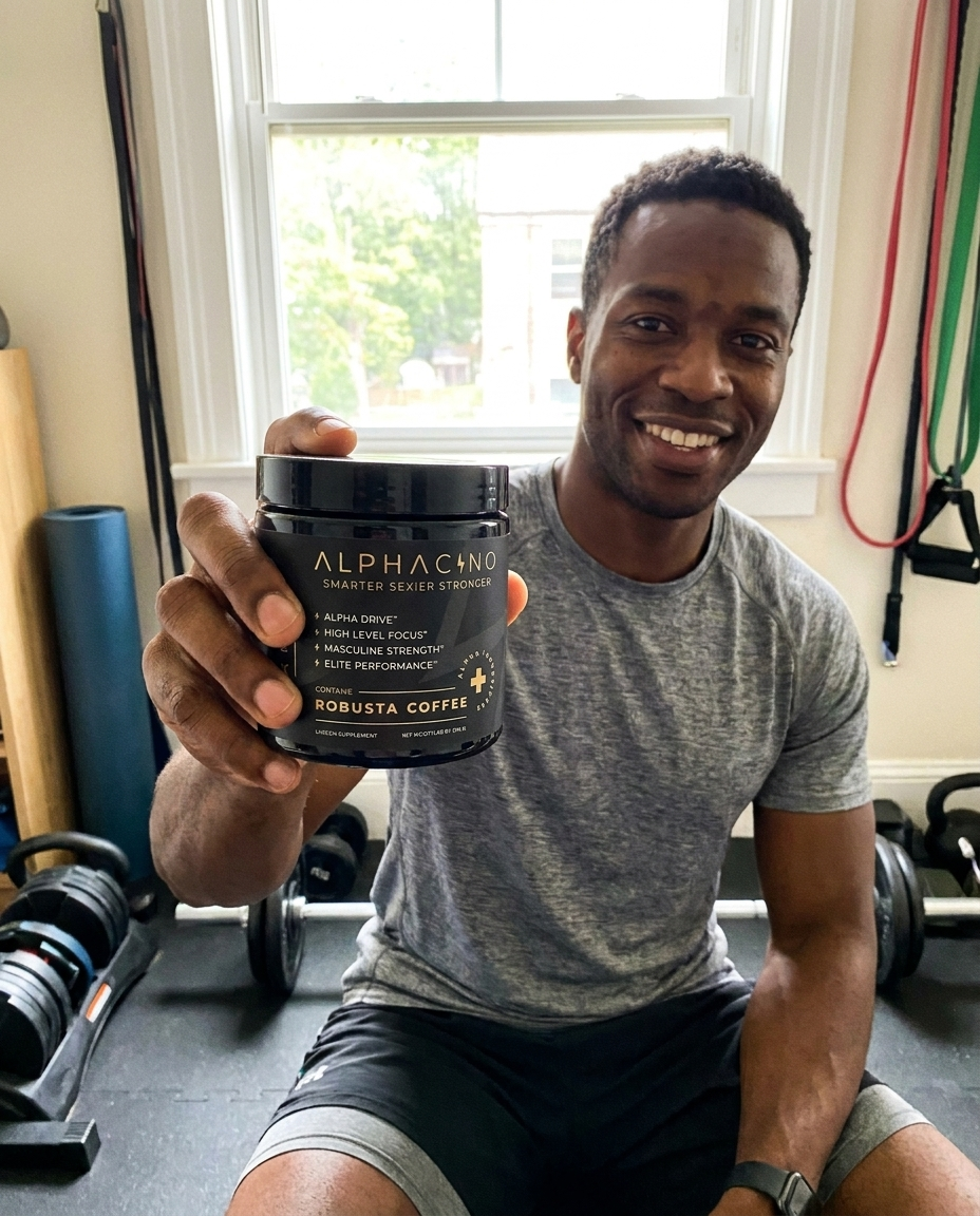 Smiling man in a grey T-shirt sitting in a home gym, holding up a tub of Alphacino robusta coffee