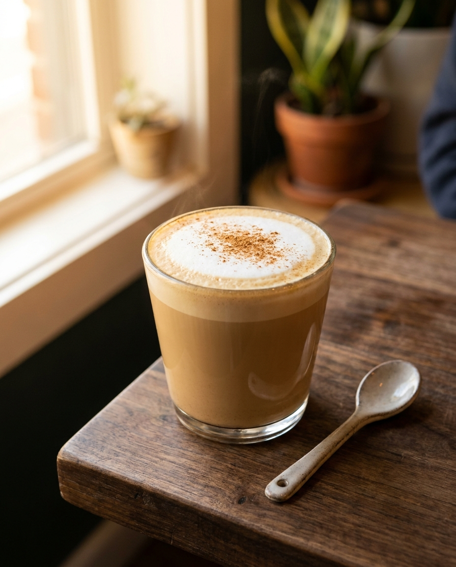 A frothed latte dusted with cinnamon in a glass on a wooden table by a window, with a ceramic spoon beside it