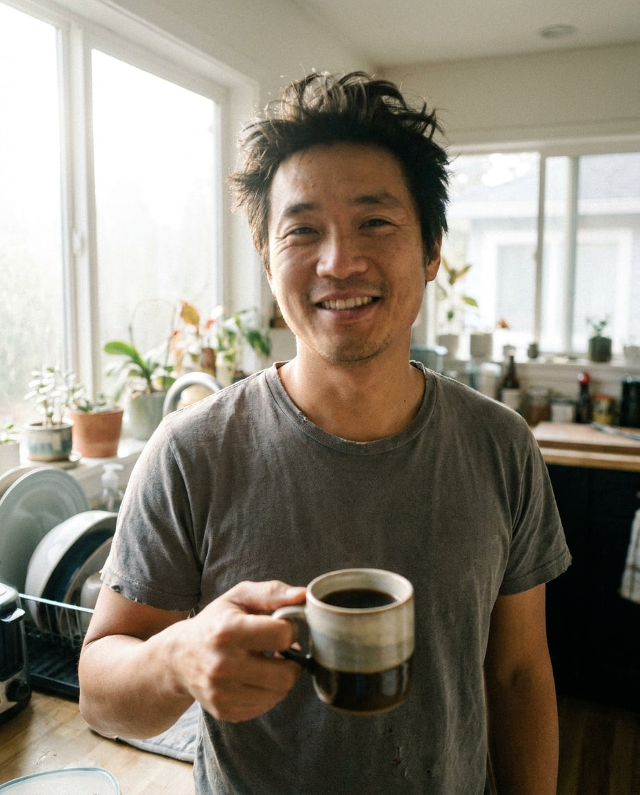 A man in a bright kitchen holding a mug of black coffee