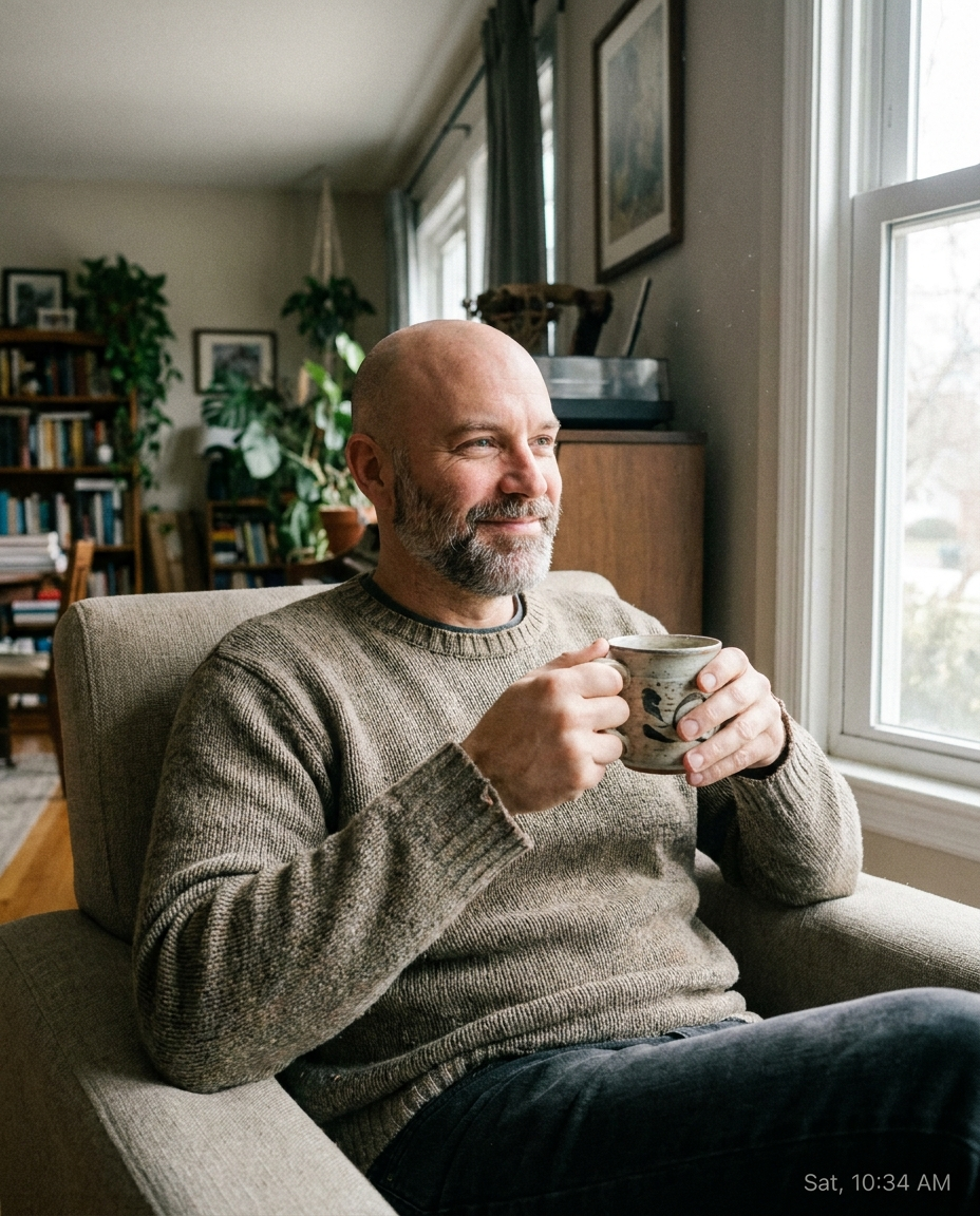 Bald, bearded man in a knit sweater sitting in an armchair by a window, holding a stoneware mug