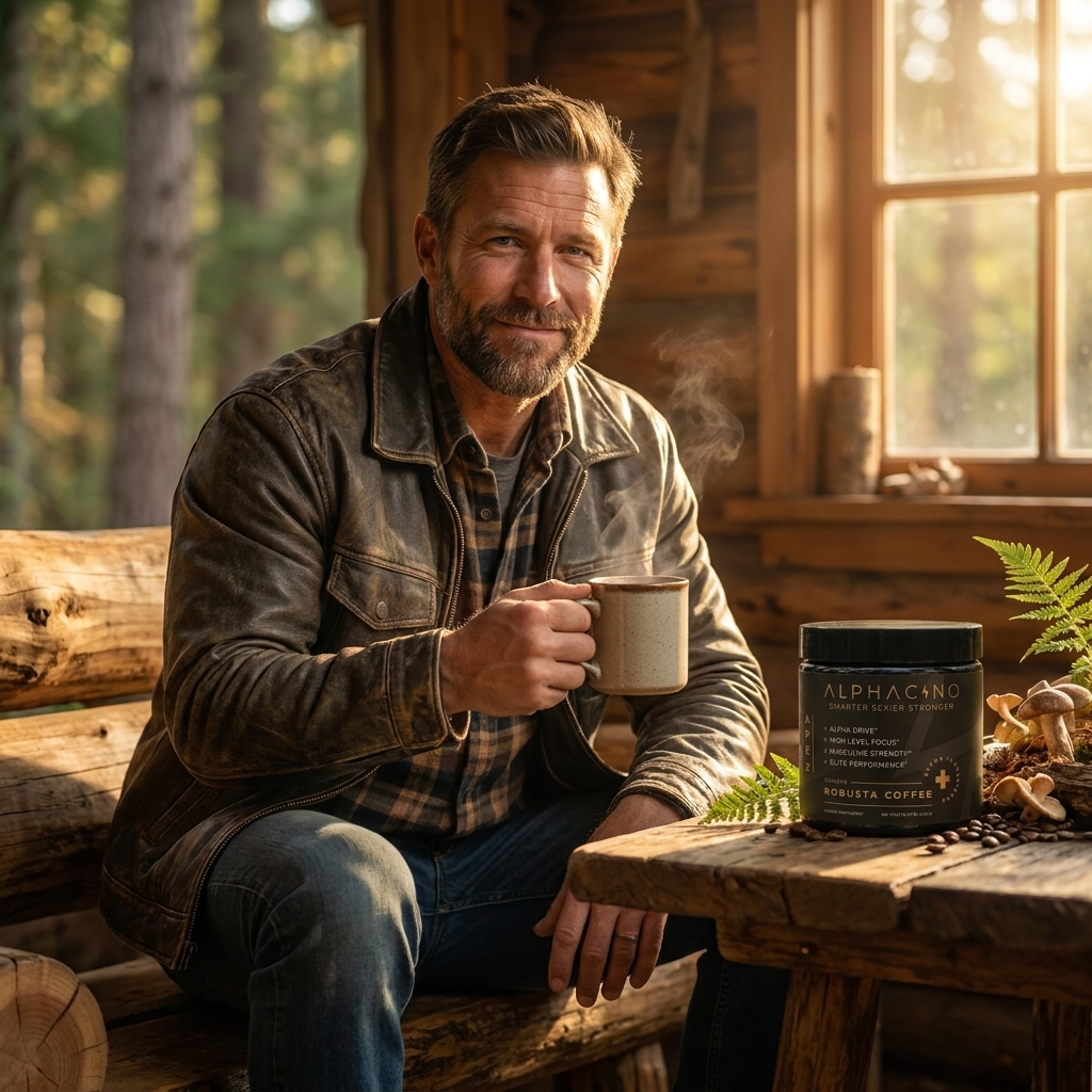 Man in a leather jacket holding a steaming mug at a cabin table beside a tub of Alphacino and a few mushrooms
