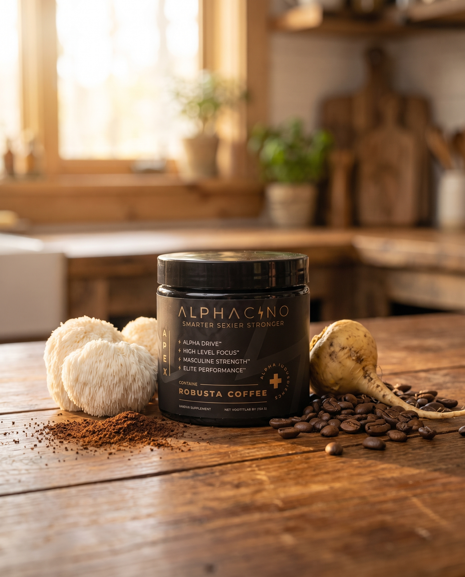 Alphacino mushroom coffee for men with Lions Mane, maca root and coffee beans