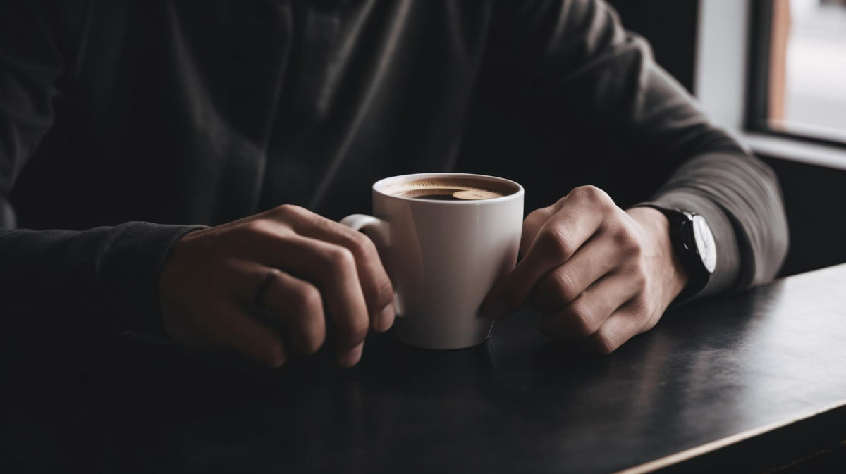 Two hands cradling a white mug of coffee on a dark wooden table