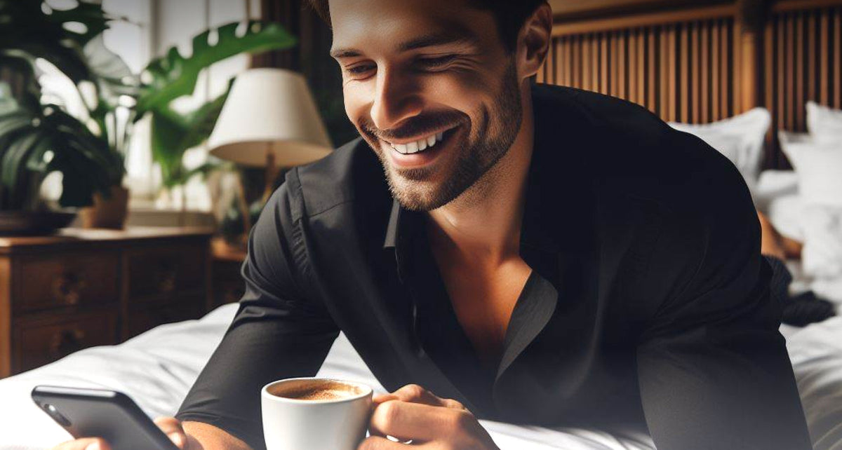 Smiling man in a black shirt leaning over a cappuccino cup at a table by a lamp