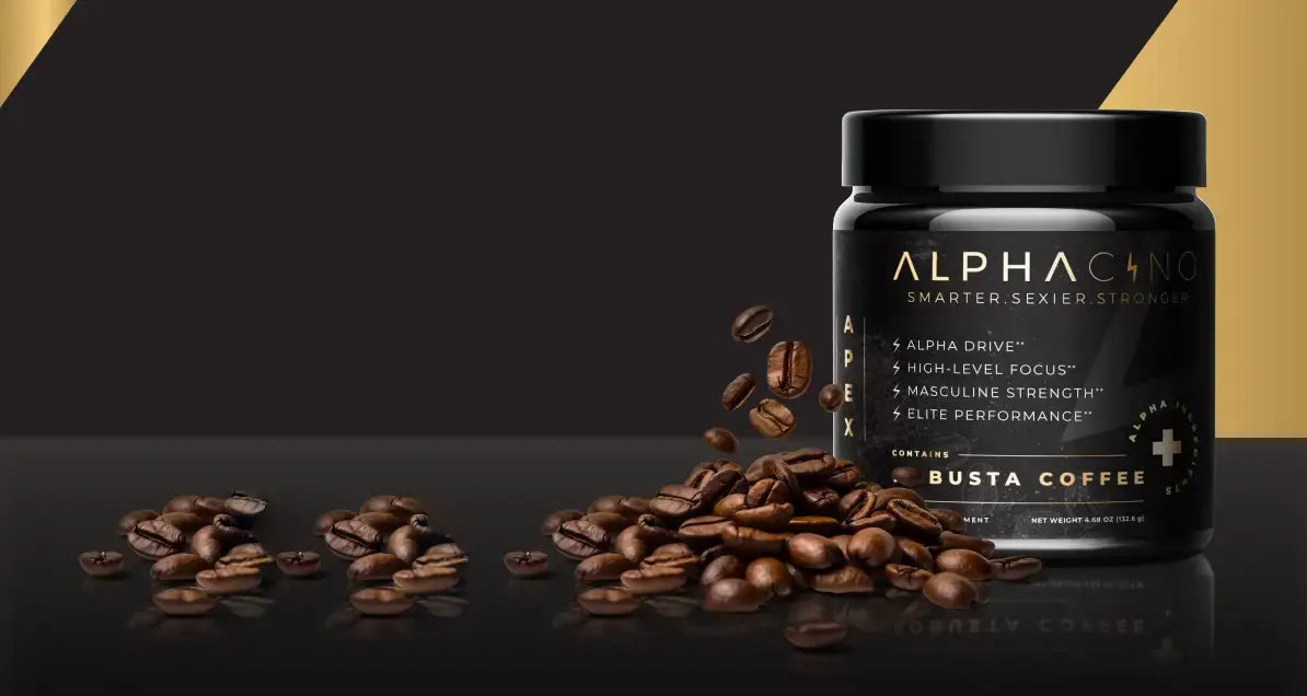 Alphacino robusta mushroom coffee jar beside a scatter of roasted coffee beans on a dark surface