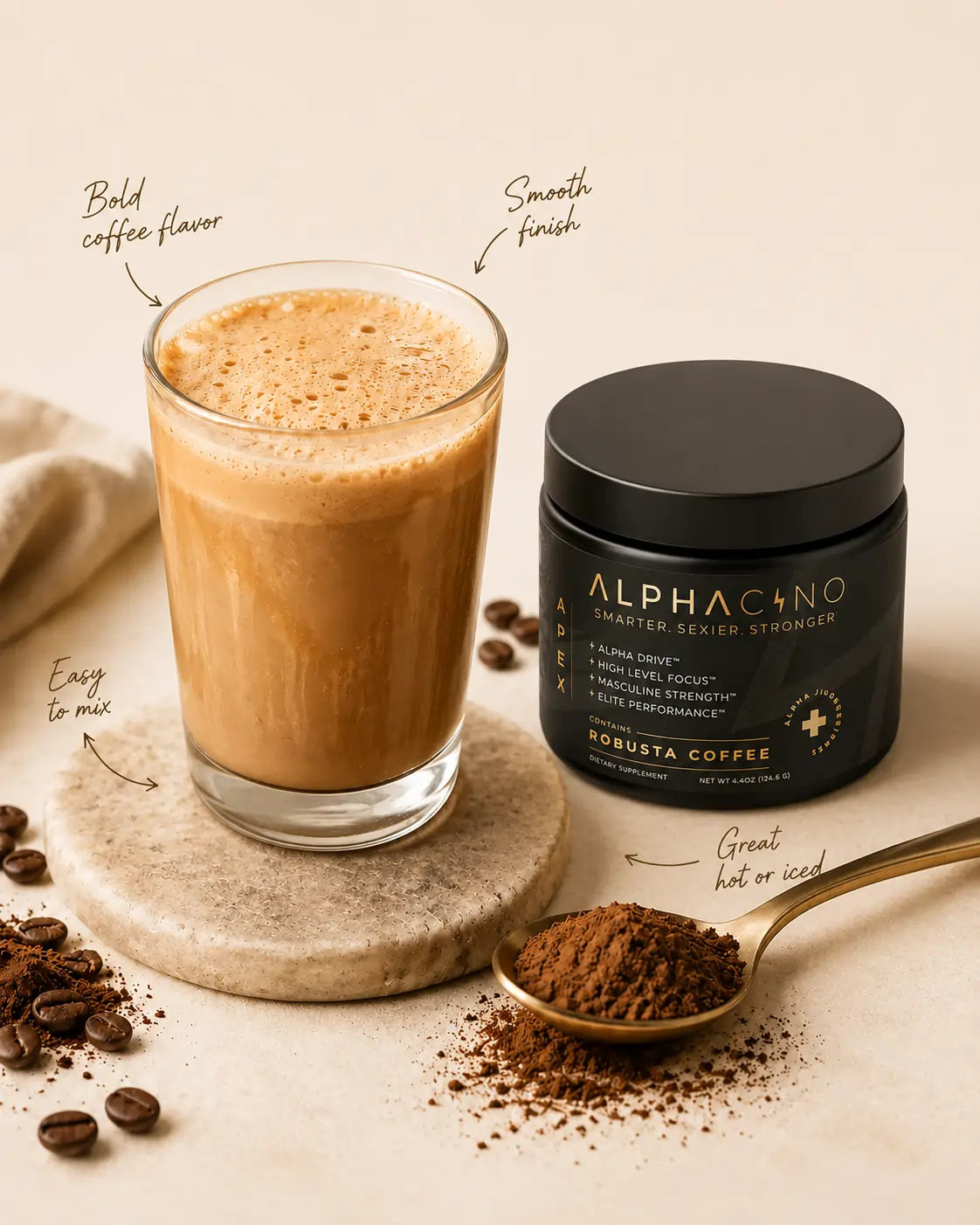 A prepared glass of Alphacino next to the jar