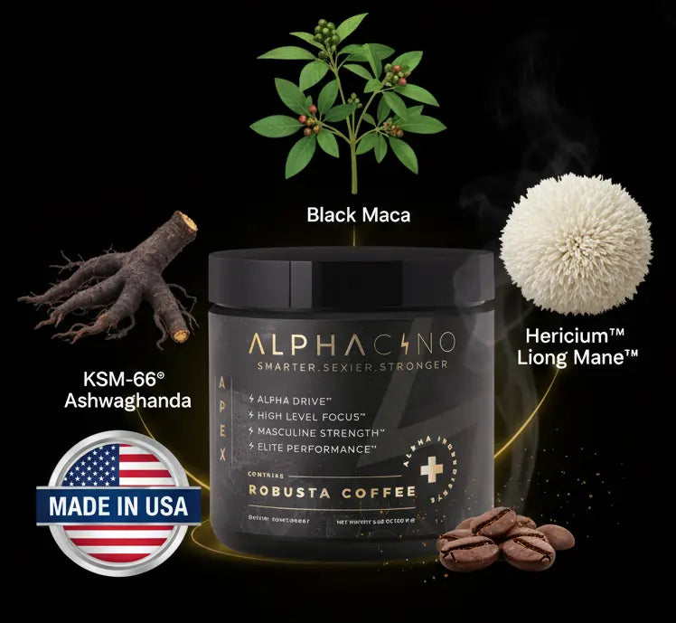 Alphacino jar surrounded by its ingredients: black maca, KSM-66 ashwagandha and Lion's Mane