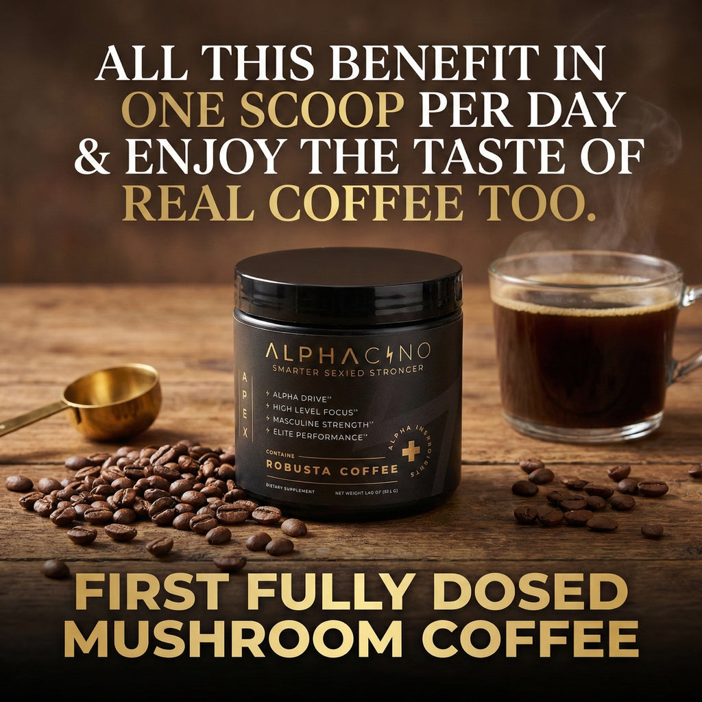 Alphacino: Premium Mushroom Coffee for Men Who Refuse to Settle, The world's first all-in-one functional brew, engineered for men who demand more from life.